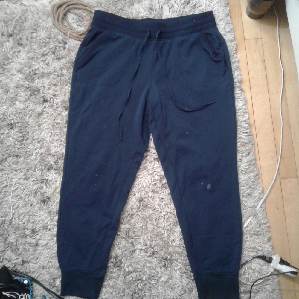 Dark blue, light grey, white, baby pink shirt and sweatpants